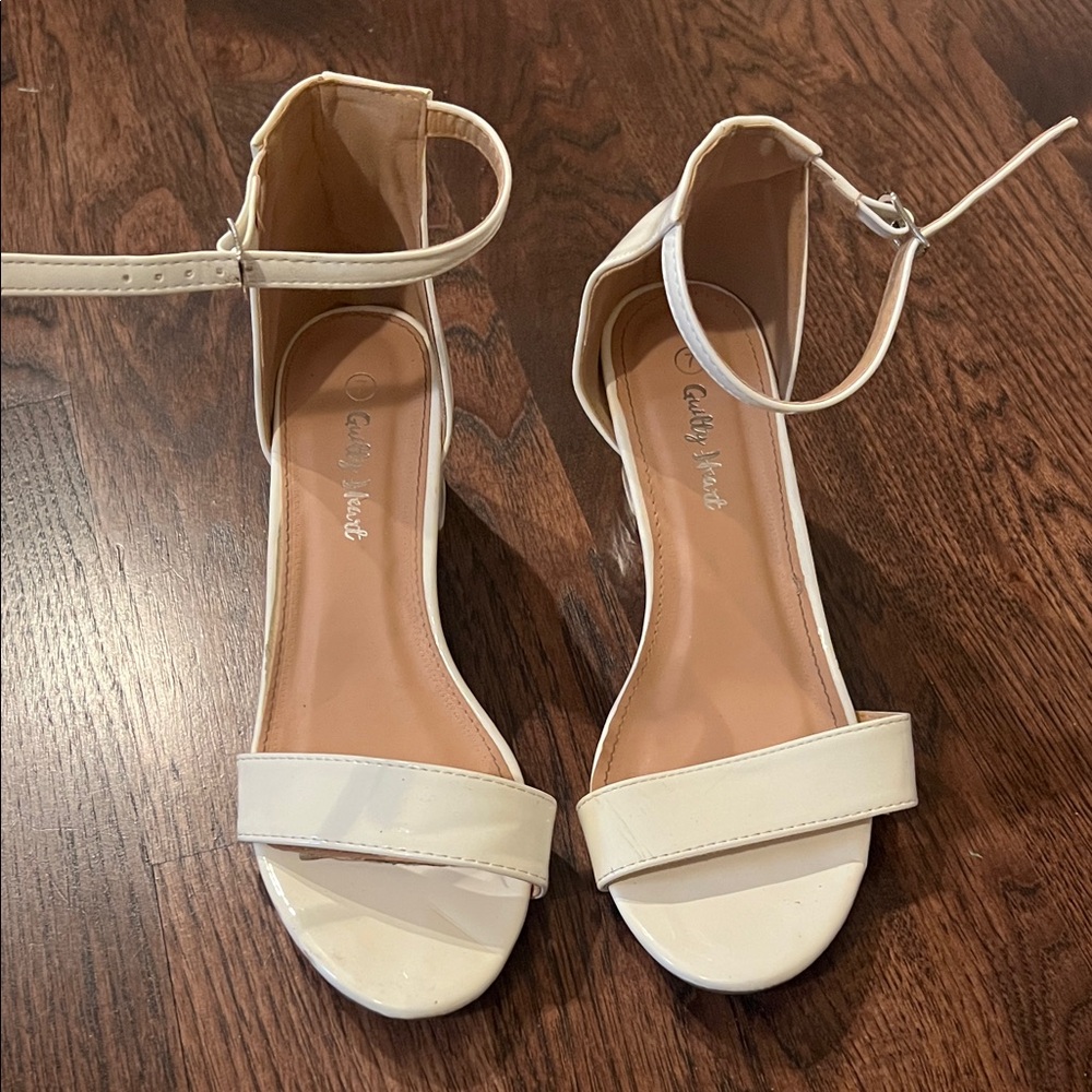 Guilty Heart Cream Patent Leather Ankle Strap Block Heels